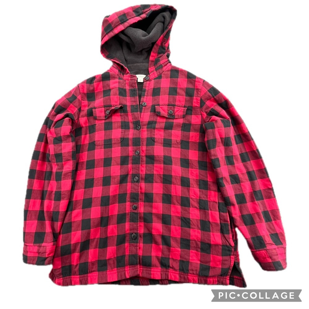 LL Bean Red Buffalo Plaid Flannel Fleece Lined Hooded Shirt Jacket Women's M
